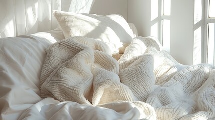 Delicate folds of soft blankets and fluffy white pillows, inviting a peaceful moment of relaxation
