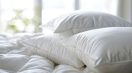Delicate close-up of white pillows, the epitome of comfort and a promise of sweet dreams - obrazy, fototapety, plakaty