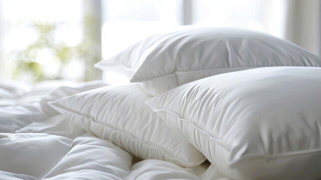 Delicate close-up of white pillows, the epitome of comfort and a promise of sweet dreams