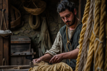 A man is working with a piece of rope in a dimly lit room - Powered by Adobe
