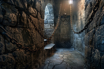 A dark, narrow passage with chains hanging from the ceiling - Powered by Adobe