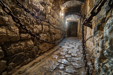 Obraz premium A long, narrow passage with chains hanging from the ceiling