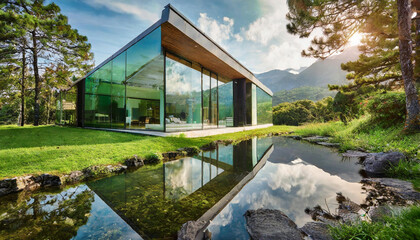 Glassy house in lush green atmosphere 