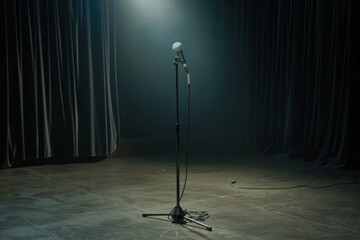 A microphone is standing alone in a dark room