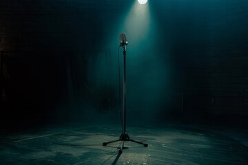 A microphone is standing in a dark room