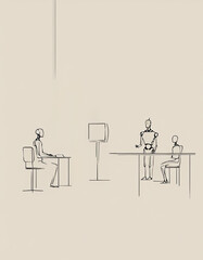 オフィスで仕事をするAIロボットの超シンプルイラスト  Super simple illustration of an AI robot working in an office