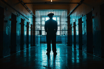 A man stands in front of a jail cell door - obrazy, fototapety, plakaty