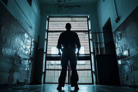 A man stands in front of a jail cell door