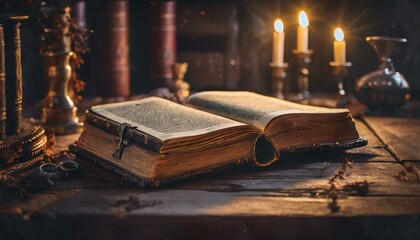 old book with candle, old book and candle on wooden table,  an old book bathed in soft magical lights on a vintage table - Powered by Adobe