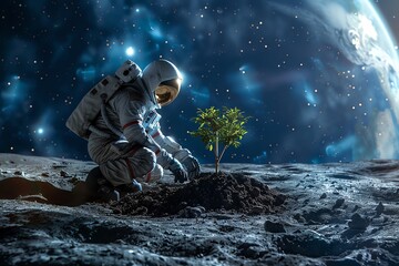 Obraz premium Astronaut planting trees on the moon, clear space background,
