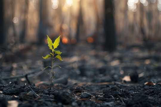 A small green plant is growing in the dirt