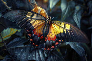 A butterfly with black and orange wings is resting on a leaf