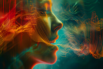 Fototapeta premium A woman's face is shown with smoke coming out of her mouth