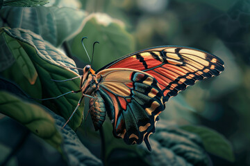 A butterfly with black and orange wings is resting on a leaf