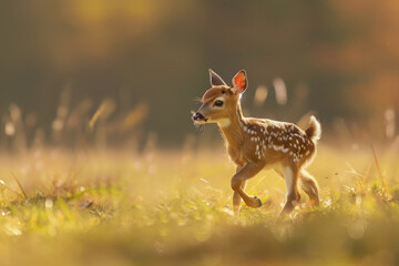 A baby deer is walking through a field of tall grass