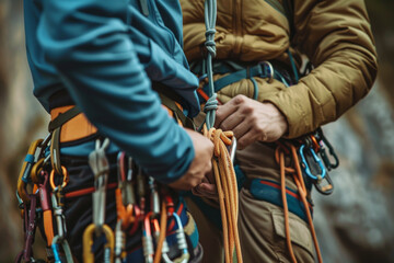 Two people are climbing a mountain and one of them is holding a rope - obrazy, fototapety, plakaty