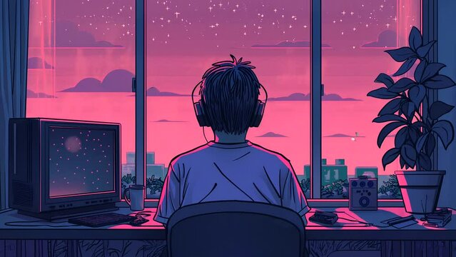 Lofi boy listening to music while watching the sunset outside the window. seamless looping 4k time-lapse animation video background