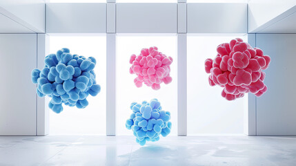 Three individual molecular clusters of different sizes and colors gathered together floating in a minimalist space, exhibiting simplicity, sophistication - obrazy, fototapety, plakaty