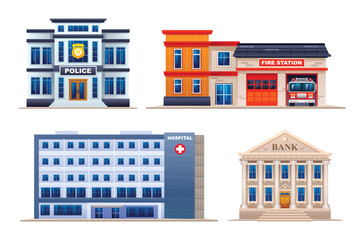 Set of city buildings. Police station, fire station, hospital and bank. Vector illustration