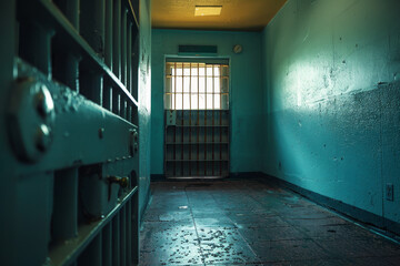 A jail cell with a barred window and a door - obrazy, fototapety, plakaty