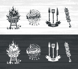 BBQ Party Time Vector Set. Grill Barbecue Food. Grilled Meat Steak. Portable Charcoal Grill with Fire Flame. Kebab or Shashlik. Ribbon Banner with Barbecue Fork, Spatula, Knife. Black and white Vector