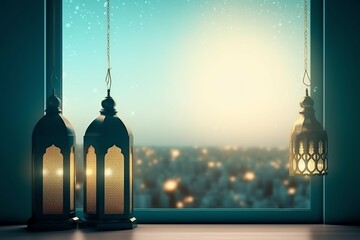 Eid mubarak and ramadan kareem greetings with islamic lantern and mosque. Eid al fitr background