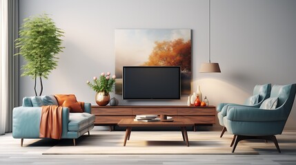 Modern Living Room Interior With Television Set Sofa Armchair Floor Lamp And Coffee  - obrazy, fototapety, plakaty