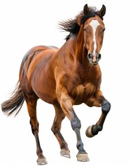 a brown horse is galloping on a white background