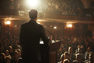 A man stands at a podium in front of a large crowd