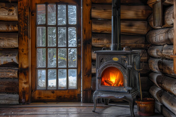 A wood stove is lit in a cabin with a window
