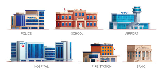 Set of city buildings. Police station, school, airport, hospital, fire station and bank. Vector illustration