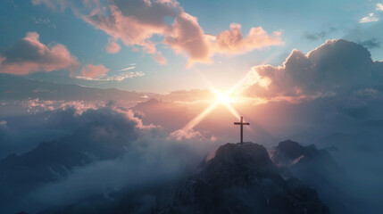A cross is on top of a mountain, with a bright sun shining on it - obrazy, fototapety, plakaty
