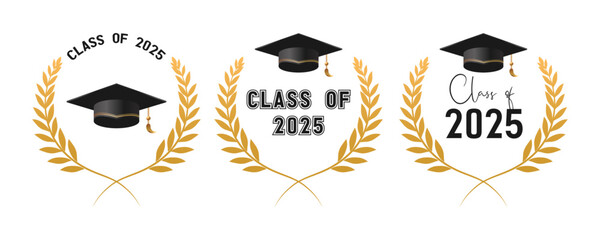 Set of class of 2025 graduation award emblem design with decorative gold frame