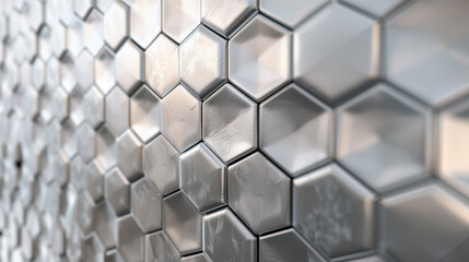 A wall of silver tiles with a hexagonal pattern