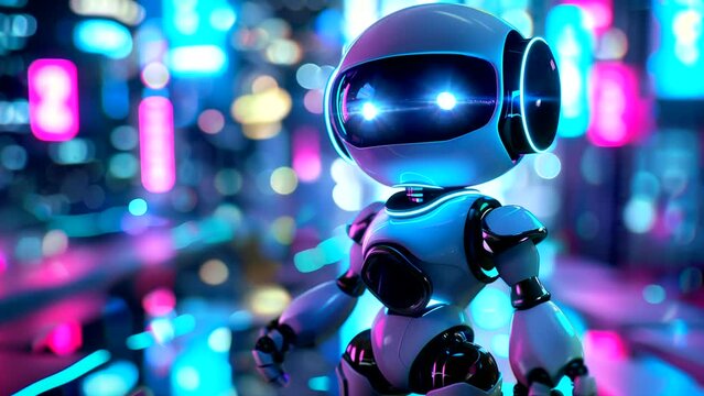 Cute robot background animation on stage with neon light. seamless looping 4k time-lapse video background