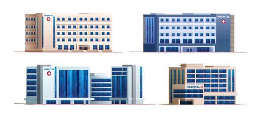 Set of hospital buildings. Vector cartoon illustration isolated on white background