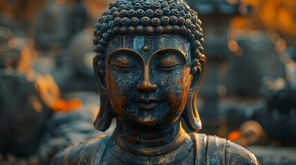 Close-up image of a bronze Buddha on a stone altar in the setting of a Buddhist temple. Spiritual reflection and meditation. 
