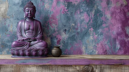 Bronze Buddha in shades of purple on a table in a vintage-style setting. Symbol of spirituality and inner peace. 