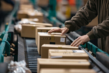 A man is working in a warehouse, putting a box on a conveyor belt