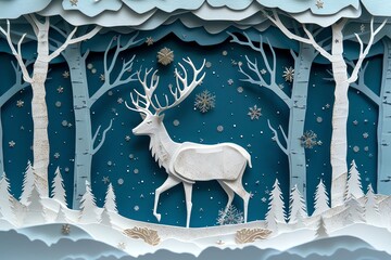 Paper art deer in snowy forest, blue background, greeting card format.