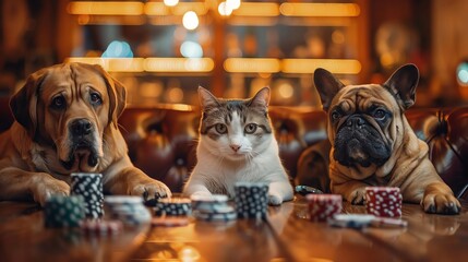 Pet poker party, dogs and cats, clear fun background, - obrazy, fototapety, plakaty