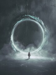 A childrens book illustration depicting a hybrid fantasy person smiling as they step through a mysterious cosmic portal, set against a dark grey wall, 