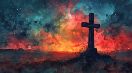 Colorful watercolor painting featuring a Christian cross, set against the backdrop of a starry...