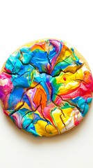 A colorful painting of a cookie, with patterns that mimic the texture of flowers, set against a plain white background for contrast, 