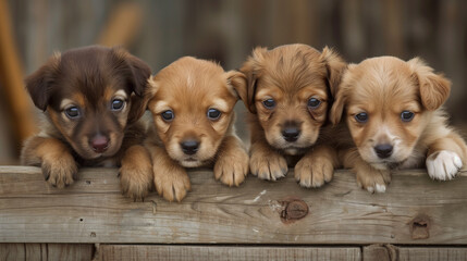 Four cute brown puppies at the fence - obrazy, fototapety, plakaty