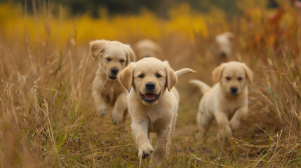 Cute golden retriever puppies running in the grass