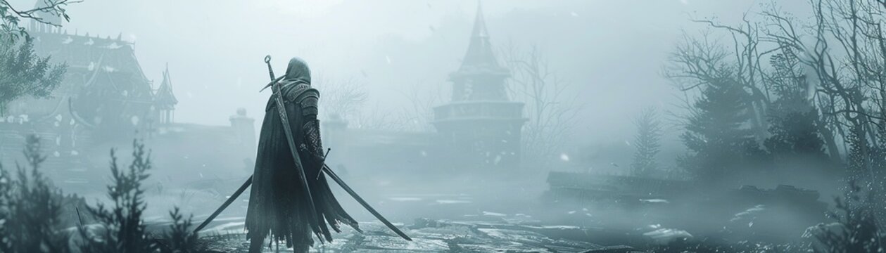 A card design that transports you to a dreamy medieval world, where science and technology intertwine with the lore of great swords and fog