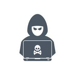Flat illustration of hacker at laptop vector icon for web design. Hacker at laptop icon. - obrazy, fototapety, plakaty