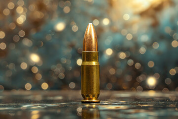Sharp close-up of 9mm bullet, galaxy stars in background, - obrazy, fototapety, plakaty