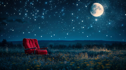 Fototapeta premium Shooting stars and red armchair, outdoor moon movie scene,
